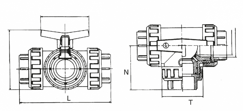 3-Veis Kuleventil T-Port Lim | Ø 63mm PN 10